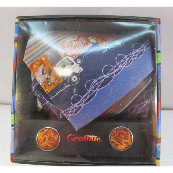 Mens Silk Tie Hanky and Cuff Link Set by Graffitie New in Box - Picture 1 of 14